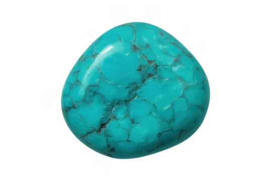 Polished turquoise gemstone showing black matrix on transparent background