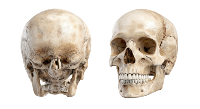 A detailed composite of a human skull from front and back angles