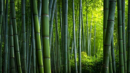 Obraz premium Lush bamboo forest scene showcasing numerous tall, green bamboo stalks densely packed together. The sunlight filters through the foliage, creating a bright and vibrant natural backdrop.