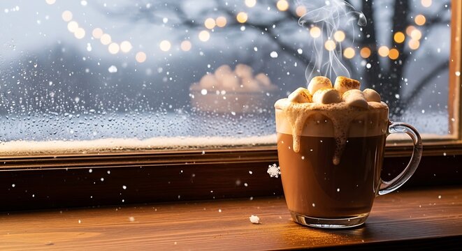 Steaming Hot Chocolate with Marshmallows by a Snowy Window.