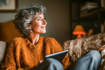 Side view portrait of a smiling relaxed middle aged woman using tablet looking through the window sitting on the couch at home.