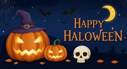 Glowing jack-o-lanterns, one wearing a witch hat, a skull, bats, and a crescent moon illuminate a spooky Halloween night scene.