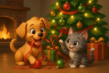 Obraz premium Adorable puppy and kitten playing with christmas ornaments by the fireplace. concept of festive pet playtime, holiday decor, cozy winter celebration scene