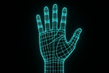 Neon hand illumination wireframe glowing in darkness with blue light. concept of futuristic technology, digital design, cyber aesthetic