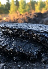 Fototapeta premium Close Up Black Rock Surface in Natural Outdoor Setting with Green Trees in Background