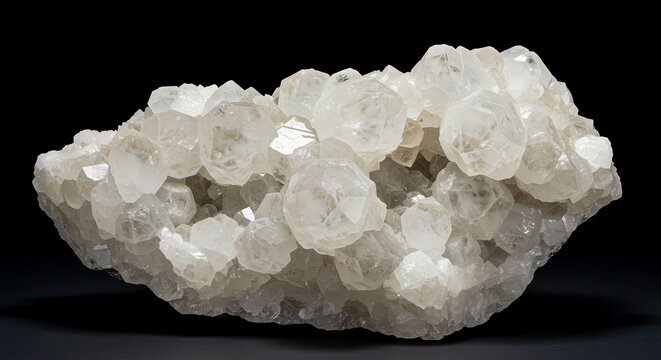 White Quartz Crystal Cluster with Rough Geometric Shapes on Black Background