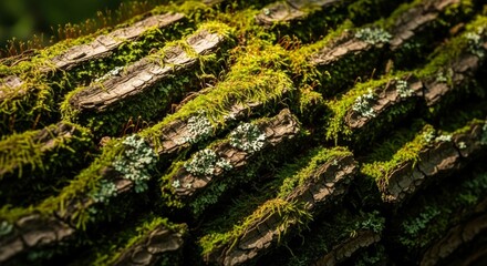 Close-up of Tree Bark Texture with Vibrant Moss and Lichen Growth