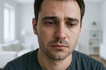 Fototapeta premium Portrait of a man with a tear reflecting sadness in a minimalistic room interior. concept of emotion, solitude, human experience, personal reflection, and inner thoughts