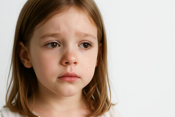 Sad young girl with a tear streaming down her cheek, conveying feelings of sadness and emotion. concept of childhood emotions, innocence, sadness.