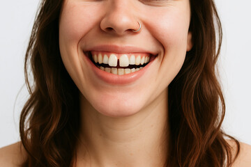 Close-up of smiling woman with nose piercing and diastema showcasing joy and confidence in simple portrait photography concept of personal expression happiness identity