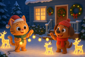 Festive pets decorating with glowing lights outside a snowy house during christmas season in winter wonderland illustration. concept of holiday cheer, festive decor, winter celebration.