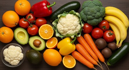 Fresh colorful fruits and vegetables are abundantly arranged on a dark wood surface, representing a healthy and natural food selection.