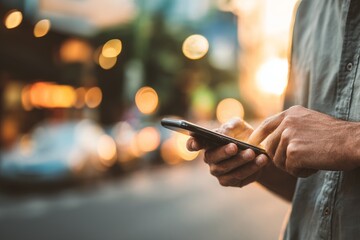 Close up man hands using smartphone in the city. Technology concept.