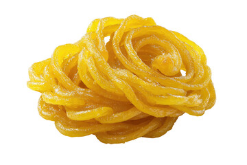 Golden, spiral-shaped fried dessert, intricately coiled with a glossy, translucent texture on a black background