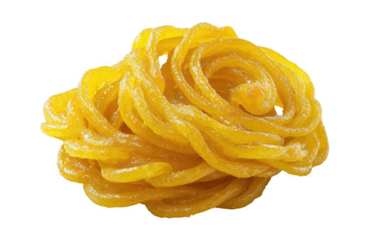 Golden, spiral-shaped fried dessert, intricately coiled with a glossy, translucent texture on a black background