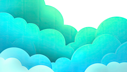 Turquoise and teal layered cloud illustration against a void. Paper-cut style, soft hues, playful design