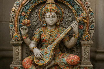 Fototapeta premium Ornate goddess saraswati statue holding veena and lotus in detailed carved shrine. concept of hindu deity, artistic sculpture, spiritual symbol.