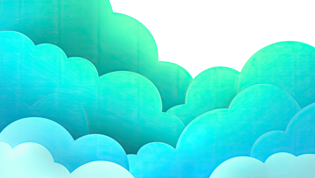 Turquoise and teal layered cloud illustration against a void. Paper-cut style, soft hues, playful design