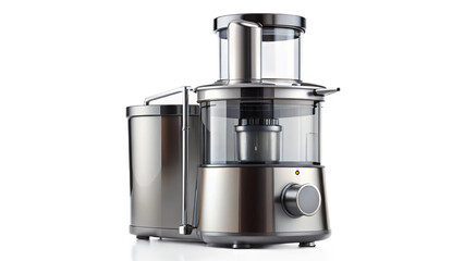A stainless steel juicer with a clear container on a white surface against a black background studio shot created with generated ai