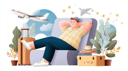 Person relaxing in a chair with travel bags nearby, airplane flying overhead; representing leisure travel and planning