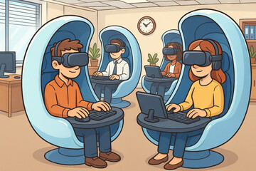 Illustration of people experiencing virtual office with vr headsets in futuristic workspace pods for modern work concept