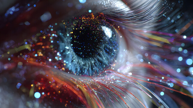 First-person view of a digital eye HUD interface, augmented reality data streams, holographic charts, transparent UI elements layered over a city skyline at night, cyberpunk style.