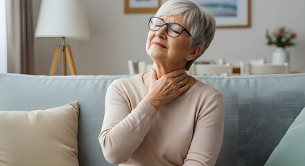 Smiling senior blonde woman sitting on a sofa in a casual home living room