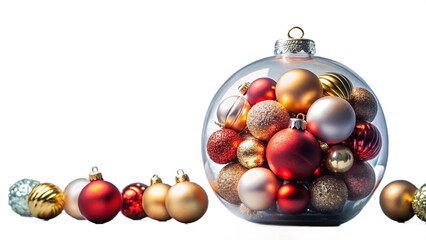 A large clear christmas ornament filled with smaller red and gold ornaments on a black background created with generated ai