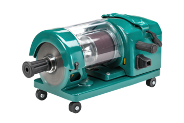 Green industrial machine with transparent drum, mounted on wheels. It has handles and a metal disc