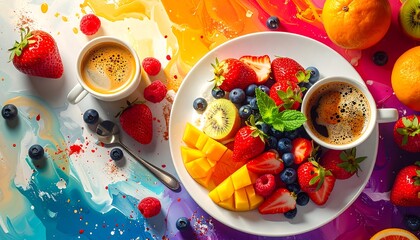Vibrant overhead shot featuring a white plate brimming with fresh fruit, cups of coffee, and scattered berries. Brightly colored abstract background