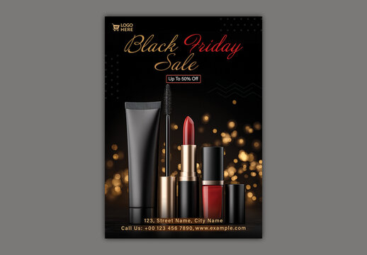Black Friday Sale Flyer with Cosmetic Products for Fashion or Beauty Brand Promotion, Editable Design.