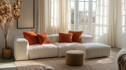 Modern living room with sectional sofa, orange cushions, and ottoman