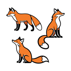 Obraz premium Three stylized illustrations of red foxes in different poses showing their distinctive orange fur and bushy tails against a white background