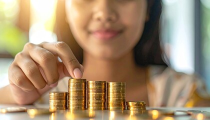 Stacks of Shiny Gold Coins Arranged by Woman on a White Table in Soft Lighting with White and Yellow Floral Pattern Top and Greenery