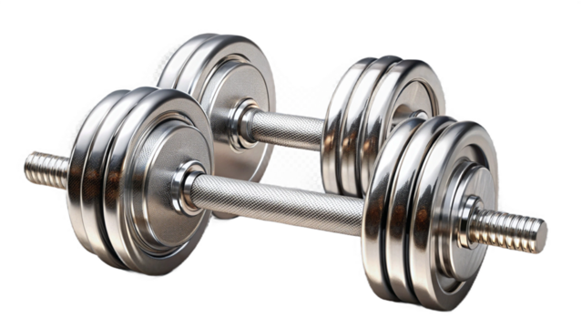 A close up of two chrome dumbbells with textured handles and weight plates on a transparent background created with generated ai - Powered by Adobe