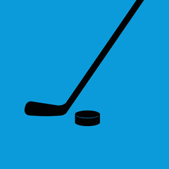 Hockey Stick and Puck Silhouette on Blue Background.