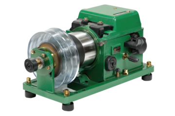 Industrial mechanical apparatus with a transparent pulley, green casing, and a collection of knobs