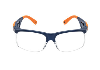 Blue and orange safety glasses isolated on transparent background, protective eyewear for...
