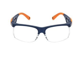 Blue and orange safety glasses isolated on transparent background, protective eyewear for construction and industrial work