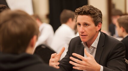 Middle-aged man in a business suit is gesturing expressively while speaking, captured in a  shot.