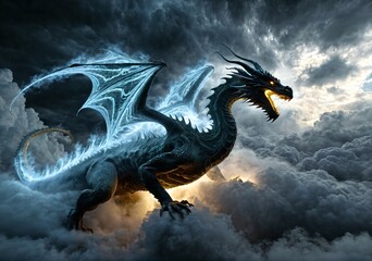 Ethereal Surreal Dragon Made Glowing Mist Fractal Light Soaring