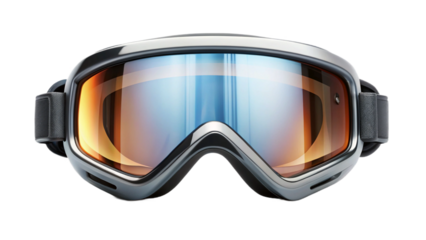 A close up shot of ski goggles with a blue and orange reflective lens on a black background studio shot created with generated ai