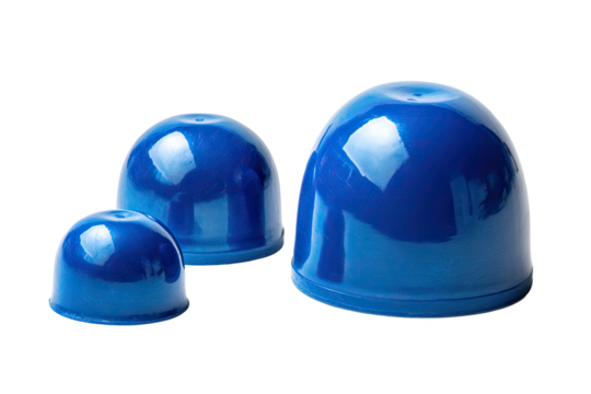 Three blue, dome-shaped objects against a stark black background, reflecting light