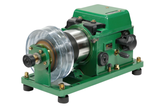 Industrial mechanical apparatus with a transparent pulley, green casing, and a collection of knobs