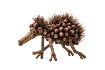 A charming, whimsical forest creature crafted from natural materials on a black background