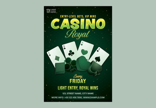 Editable Casino Royal Flyer Template &ndash; Luxurious Poker Night Poster with Glowing Chips and Card Design for Friday Events