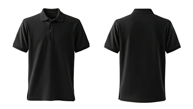 Front and back view of a black polo shirt on a black background