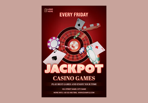 Editable Casino Jackpot Flyer Template &ndash; A4 Red Theme Poster Design with Female Host and Roulette Background for Print