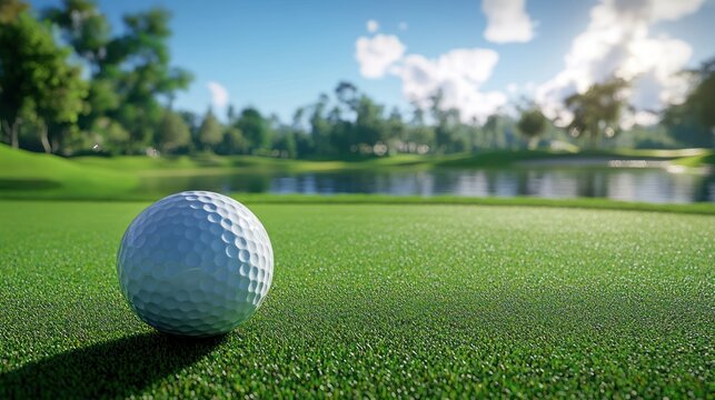 Golf ball on green, sunny day, tranquil golf course, relaxing scene, use for sports, travel, vacation brochures