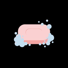 Pink Soap Bar Surrounded by Bubbles Illustration on Black Background.